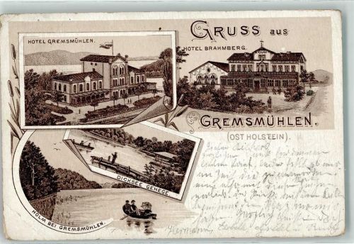 23714 W2423 Bad Malente-Gremsmühlen 1896 Gebrauchsspuren Dicksee Gehege Hotel Gremsmühlen Hotel Brahmberg Lithographie