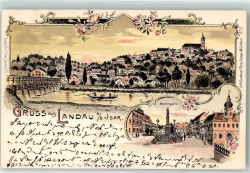 Landau 1900 Isarbrücke Marienplatz Marienbrunnen