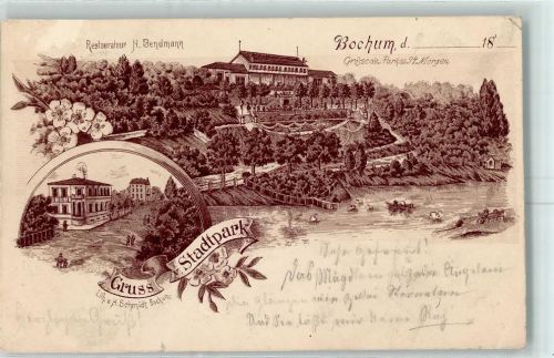 Bochum 1896 Restaurateur H. Bendmann Stadtpark Lithographie