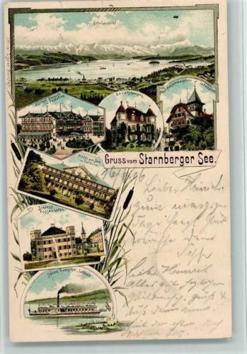 Starnberg 1898 Gruss aus - Schloss, Salon Dampfer, Hotel am See AK