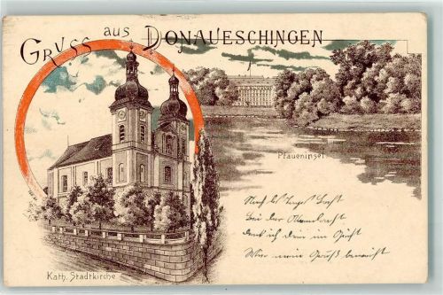 78166 W7710 Donaueschingen Lithographie Pfaueninsel Kath. Stadtkirche