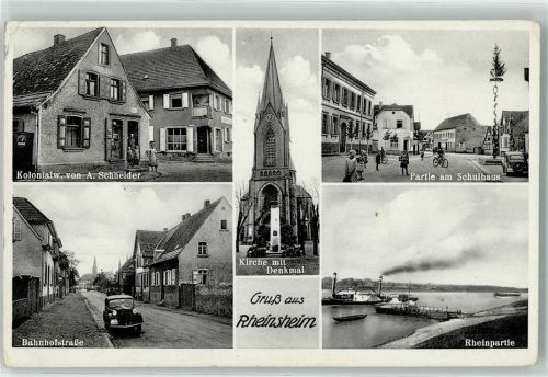 Rheinsheim Kolonialwarengeschäft A. Schneider Bahnhofstraße Kirche mit Denkmal Am Schulhaus Fahrrad Rhein Frachtschiffe