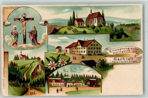 Deggendorf 1909 Erinnerung an den Wallfahrtsort Gschnait Allgäu Kirche Kreuz Kapelle Blumen Fahnen Lithographie Fahrrad