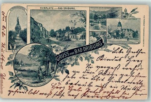 33014 W3490 Bad Driburg 1897 - Hermannsdenkmal Kurplatz Am Fusse des Rosenberges Schloss Detmold Von der Promenade aus Bahnpost Holzminden - Aachen Zug 40