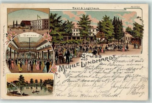 Naunhof 1903 Gruss aus Mühle Lindhardt Ballsaal Ruderboot Fahne Grün Weiß Kronleuchter Gasth Logirhaus