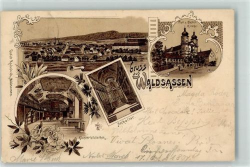 95652 W8595 Waldsassen 1897 Lithographie Klosterbibliothek Hochaltar Pfarr- u. Klosterkirche