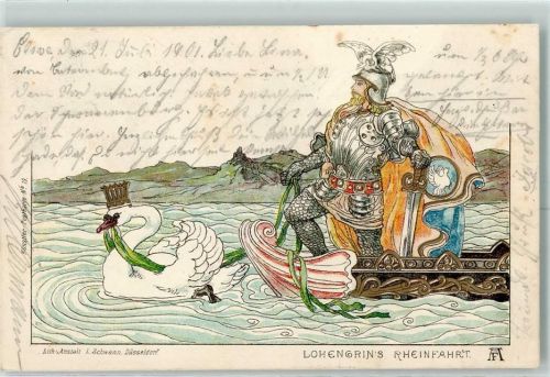 Lohengrins Rheinfahrt AK Wagner, R. 1901 Lithographie