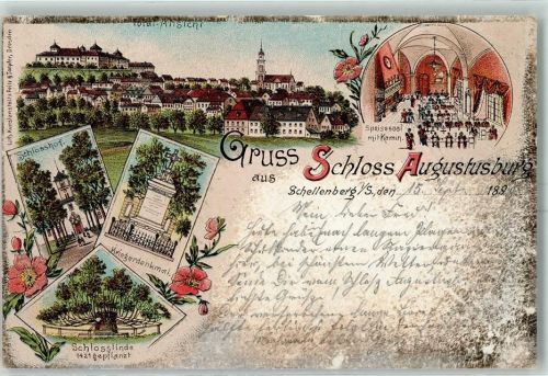 Schellenberg 1896 Schloss Augustusburg Speisesaal mit Kamin Schlosshof Kriegerdenkmal Schlosslinde Lithographie
