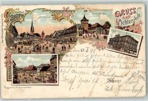 Lichtenfels 1899 Marktplatz Bamberger Tor Schule Lithographie