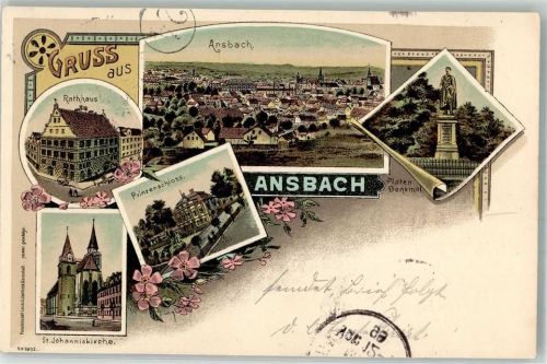 Ansbach 1899 Rathaus Kirche St. Johannis Denkmal Platen Schloss