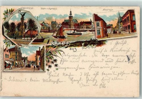 Leer 1904 Kriegerdenkmal Hafen mit Rathaus Neue Straße Mühlenstraße Lithographie