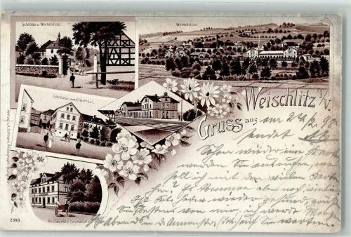 Weischlitz 1898 Schloss Gasthaus Zum Elsterthal Bahnhof Gasthaus Centralhalle Lithographie