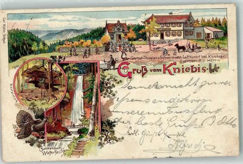 72270 W7292 Baiersbronn 1898 Künstlerkarte Gasthaus u. Pension z. Schwarzwald Kniebis Kastelstein Sankenbach Wasserfall sign. K. Fuchs