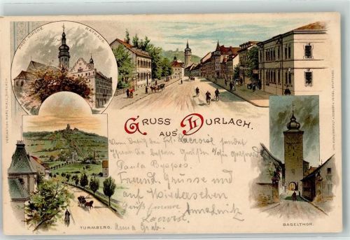Durlach 1906 Prot. Kirche Rathaus Baseltor Turmberg
