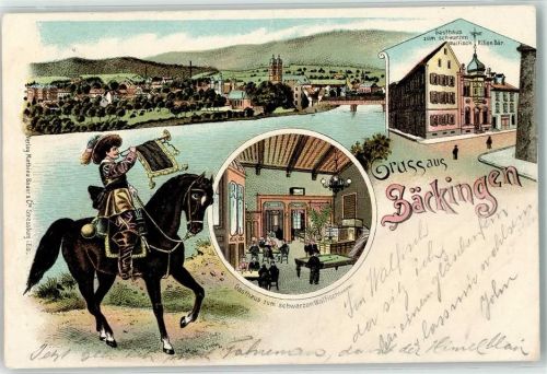 Bad Säckingen 1899 Trompeter von Säckingen Gasth zum schwarzen Walfisch Billardtisch Litho