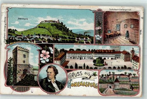 Hohenasperg 1912 Schubart-Gefängnis Festungshof Tor Schubart-Wasser-Aussichtsturm Porträt G. Schubart Lithographie