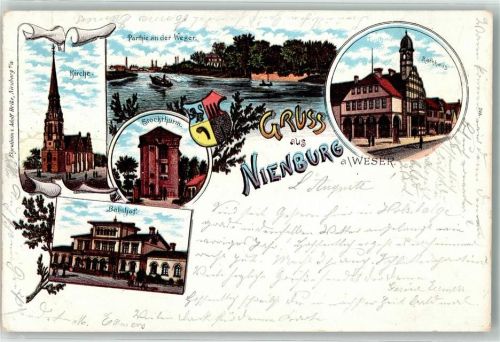 Nienburg 1901 Stockturm Bahnhof Rathaus Weser Bahnpoststempel