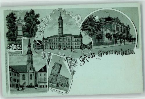 01558 O8280 Großenhain , Sachs Lithographie Post Bismarck-Denkmal Rathaus Kupferbergturm