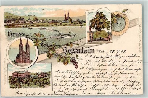 65366 W6222 Geisenheim , Rheingau 1898 Lithographie Pfarrkirche Linde Raddampfer Kgl. Lehranstalt