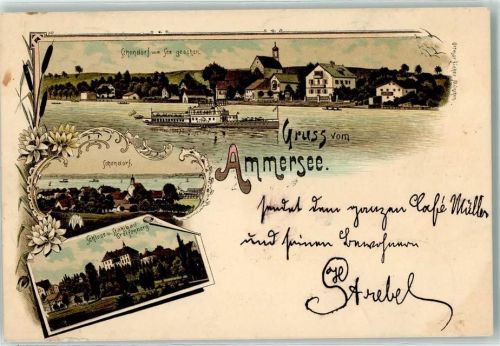 86938 W8913 Schondorf , Ammersee 1896 Lithographie Schloss u. Stahlbad Greifenberg Seitenraddampfer