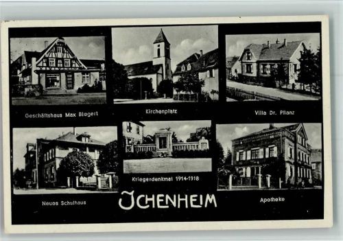 Ichenheim 1940 Kriegerdenkmal , Apotheke, Schule, Villa Pflanz, Geschäftshaus Biegert AK