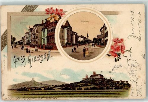 35390 W6300 Gießen , Lahn 1898 Lithographie Nordanlage Seifersberg Blumen Gleiberg