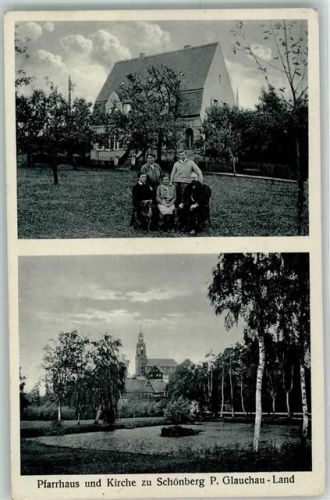08393 O9611 Schönberg b Glauchau - Pfarrhaus Kirche Familie
