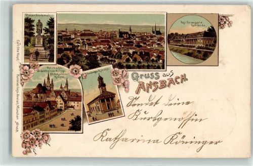 Ansbach 1899 Platen-Denkmal Ludwigs-Kirche Kgl. Orangerie-Gebäude Reitbahn