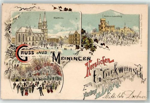 Meningen 1895 Vorläufer Stadtkirche Schloß Landsberg Teich Winter-Lithographie
