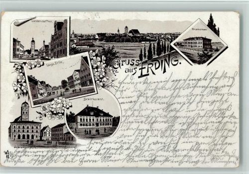 85435 W8058 Erding 1897 Lithographie Gruss aus - Krankenhaus, Bezirksamt , Ottmar Zieher