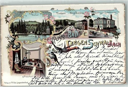 65307 W6208 Bad Schwalbach 1897 Lithographie Weiher Trinkhalle Königl. Badehaus Moorbad Badehaus zum Lindenbrunnen