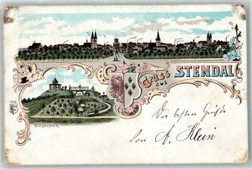 Stendal 1899 Bürgerpark Kirche Fabrik Wappen Gruss Blumen