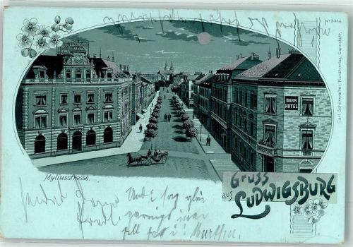 71634 W7140 Ludwigsburg , Württ 1899 Lithographie / Mondschein Myliusstraße Bahn Hotel
