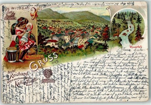 75323 W7547 Bad Wildbad im Schwarzwald Gebrauchsspuren Kind mit Puppe Wasserfall Reh Kaffeetasse Reichard Kaffee-Zusatz Ort lt. Stempel