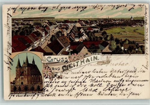 04643 O7230 Geithain 1903 Lithographie Gesamtansicht Nikolaikirche
