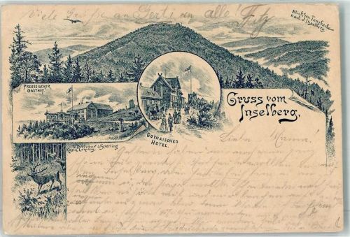 98599 O6083 Inselsberg, Großer und Kleiner Gebrauchsspuren Vorläufer 80er Preussischer Gasthof Gothaisches Hotel Hirsch Litho