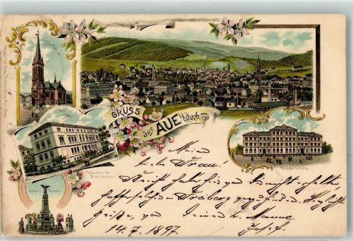 Aue 1897 Kirche Fachschule für Blechindustrie Kriegerdenkmal Bürgerschule