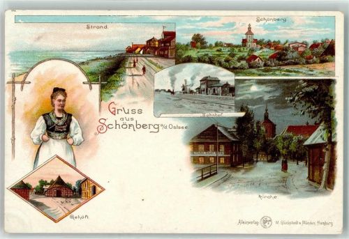 24217 W2306 Schönberg Holstein Lithographie Bahnof Windmühle Frau in Tracht Gehöft Strand Kirche