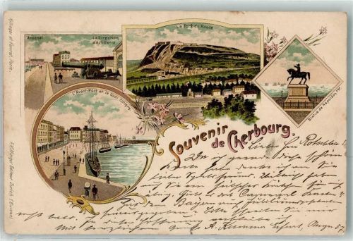 50100 Cherbourg-Octeville 1900 Lithographie Arsenal le Direction d`Arillerie le Fort du Roule Statue de Napoleon I. l`Avant Port et Quai Coligny
