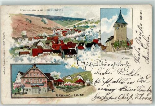 71384 W7056 Strümpfelbach , Kr Waiblingen, Rems 1906 Künstlerkarte Kirschblüte Gasthaus Zur Linde Kirche sign K. F.