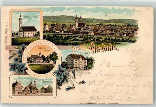 86650 W8853 Wemding 1898 Lithographie Wallfahrtskirche Kapuziner Kloster Marktplatz Wildbad
