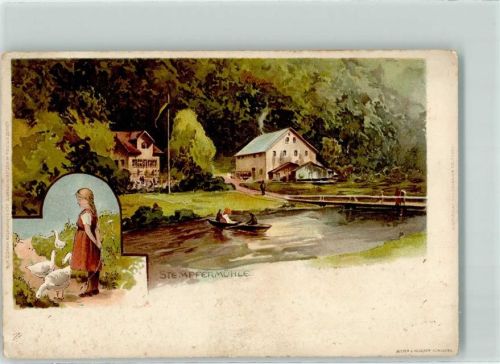 91327 W8556 Gößweinstein Künstlerkarte Stempfermühle Ruderboot Gänseliesel Gänse Ort handschriftlich