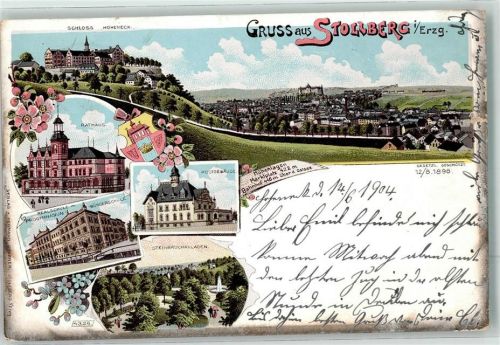 Stollberg 1904 Post Steinbruch-Anlagen Progymnasium Rathaus Lithographie