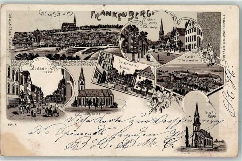 35066 W3558 Frankenberg Eder 1899 Lithographie Neustädter Straße Luth. Kirche Steingasse Rathaus Kloster St. Georgenberg
