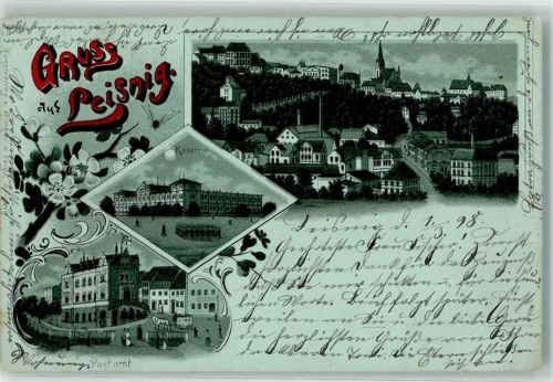 04703 O7320 Leisnig 1899 Lithographie Kaserne Postamt