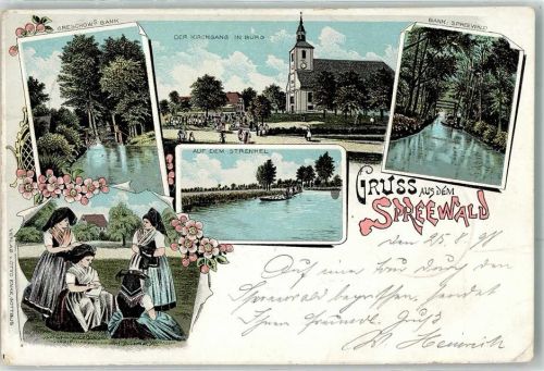 Burg 1898 Greschow`s Bank Kirchgang in Burg auf dem Strenkel Tracht