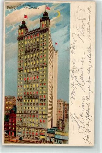 New York City Park Row Buildung Straßenbahn HGL 1907 Lithographie