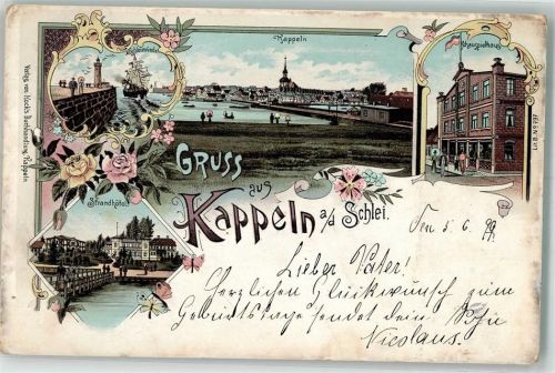 24376 W2340 Kappeln , Schlei 1899 Lithographie Schleimünde Strandhotel Schauspielhaus Rosen