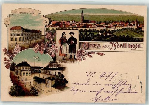 86720 W8860 Nördlingen 1897 Lithographie Rieser Tracht Bahnhof Schramen Halle