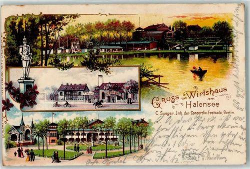 Halensee 1902 Gasthaus am Halensee Gartenwirtschaft C. Saeger Denkmal Park